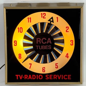 Vintage RCA Radio Tubes Lighted Spinner Clock w/ Illusion Wheel