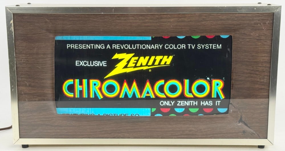 Vintage Zenith Chromacolor TVs Lighted Motion Countertop Advertising Sign: Incredible vintage zenith Chromacolor TVs lighted motion countertop advertising sign. When powered on it lights up and the advertisement changes. Appears to be in overall good working condition with p