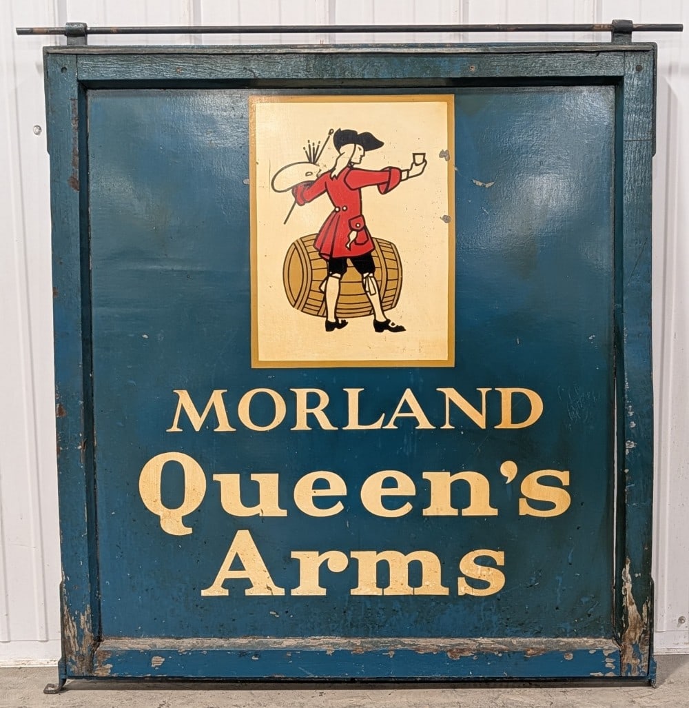 3-1/2ft Vintage DSW Morland Queen's Arms Advertising Sign: Large vintage double sided wood Morland Queen's Arms advertising sign. Has paint loss, discoloration, and other wear form use and age. Displays well with great graphics. It measures approximately 3-1/
