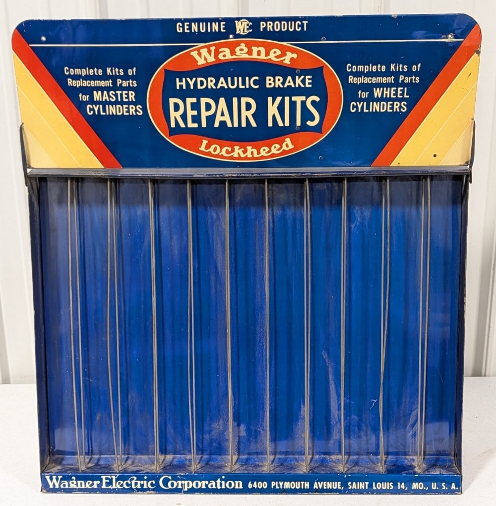 Vintage Wagner Lockheed Hydraulic Brake Repair Kits Metal Countertop Store Display: Vintage Wagner Lockheed Hydraulic Brake Repair Kits metal countertop store display. Appears to be in nice condition with some paint loss, scratches, and wear from use and age. It measures approximatel