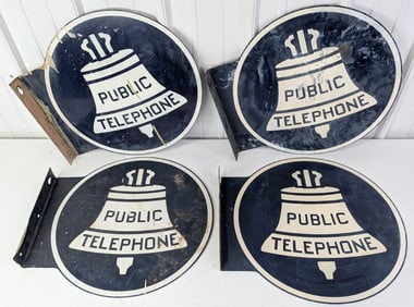 4) Vintage 20in DST Bell Public Telephone Flange Advertising Signs