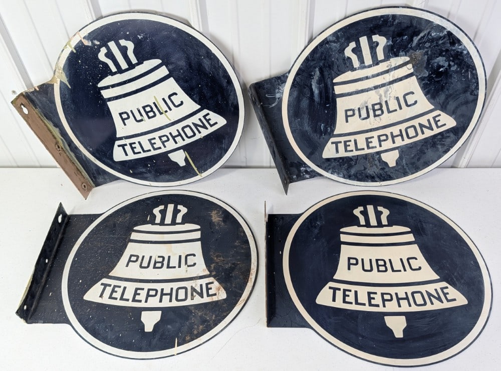4) Vintage 20in DST Bell Public Telephone Flange Advertising Signs: Lot of four vintage double sided metal Bell Telephone flange advertising signs. They vary in condition with paint loss, scratches, discoloration, chalkiness, and other wear from use and age. They meas