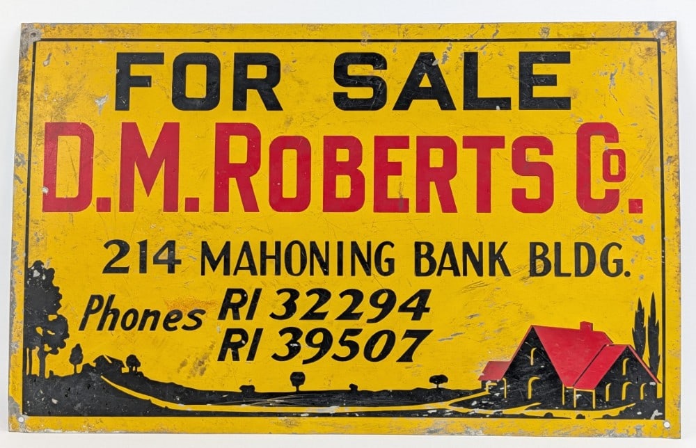 Vintage SST Bank Budling For Sale Sign w/ Graphics: Vintage single sided metal bank building for sale sign with graphics. The sign has paint loss, scratches, and wear from use and age. Displays well with good graphics. Measures approximately 24" across