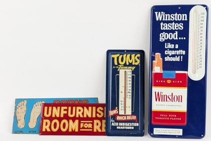 Winston Cigarettes & Tums Thermometers, Unfurnished Room Sign & Callosities Sign