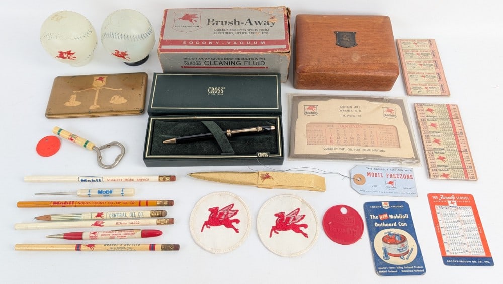 Collection of Vintage Mobil Gas Station Promotional Items: Large lot of vintage Mobilgas Service Station Promotional items. They vary in age and condition. Largest piece measures approximately 7-1/4in across.