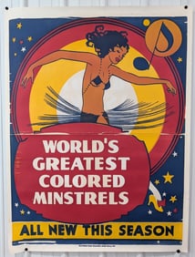 Large Ca.1930s Worlds Greatest Colored Minstrels Advertising Poster / Banner Black Americana / 56x42