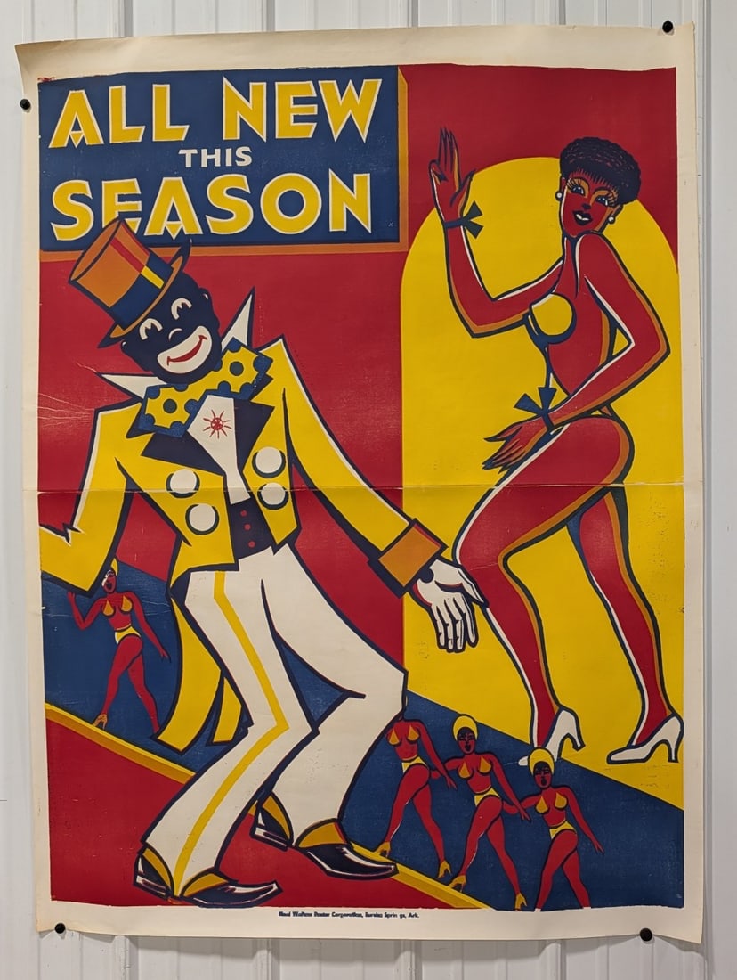 Large Ca.1930s Black Americana Minstrels Advertising Poster: Large original circa 1930s "All New This Season" advertising Black Americana poster. Appears to be in nice condition for its age with some discoloration, expected minor edge tears, and other wear from