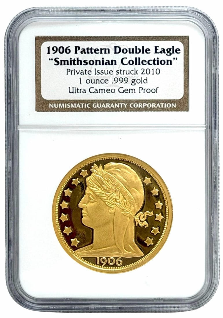 2010 Private Issue 1906 Pattern Double Eagle 1 Ounce .999 Gold Coin NGC Ultra Cameo Gem Proof: 2010 Private Issue 1906 Pattern "Smithsonian Collection" Gold Coin. The coin is graded Ultra Cameo Gem Proof by NGC. The coin contains one troy ounce of .999 fine gold.