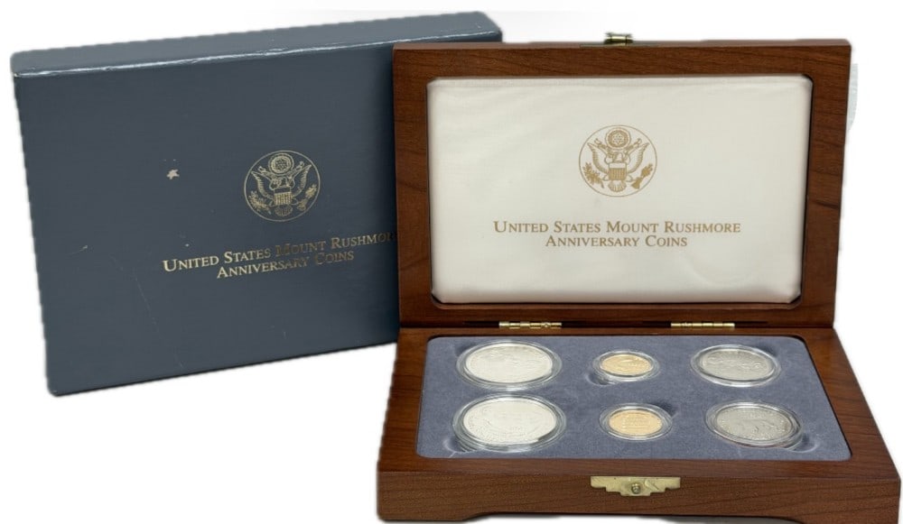 1991 U.S. Mint Mount Rushmore Anniversary 6-Coin Proof & Uncirculated Set With Gold Coins: 1991 U.S. Mint Mount Rushmore Anniversary 6-Coin Proof & Uncirculated Commemorative Set With Gold Coins. The set includes two 1991-W Gold Five Dollar Coins in proof and uncirculated, each coins contai