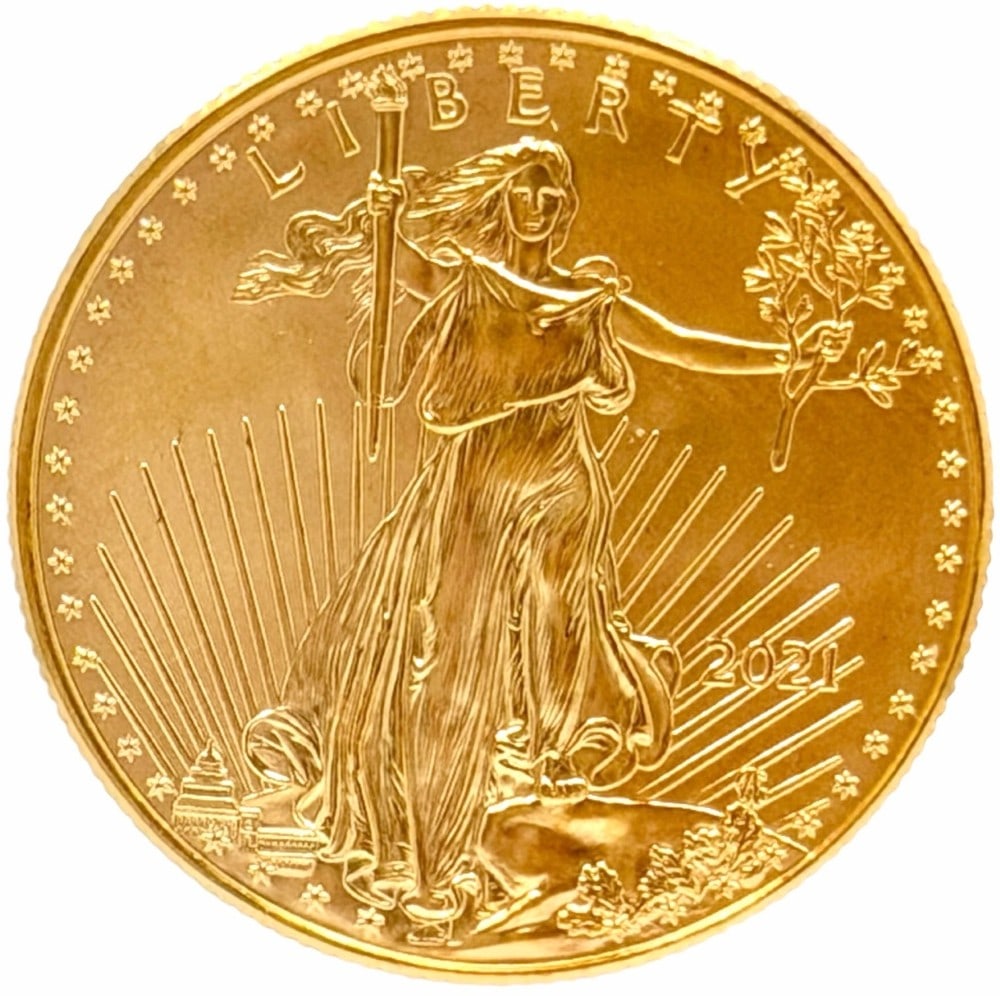 2021 United States $25 American Eagle 1/2 Ounce Gold Coin: 2021 United States $25 American Eagle 1/2 Ounce Gold Coin. The coin contains 1/2 troy ounce of pure gold.