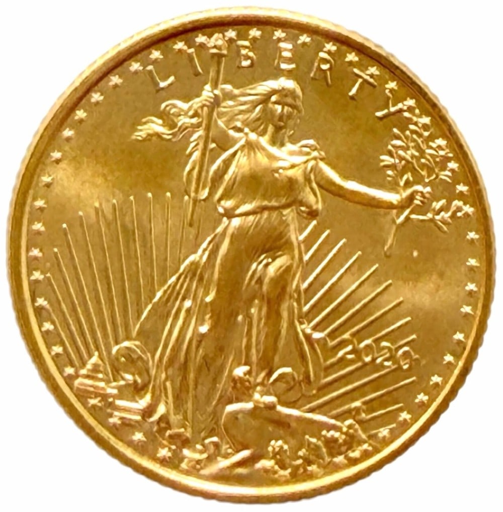 2020 United States $5 American Eagle 1/10th Ounce Gold Coin: 2020 United States $5 American Eagle 1/10th Ounce Gold Coin. The coin contains 1/10th troy ounce of pure gold.