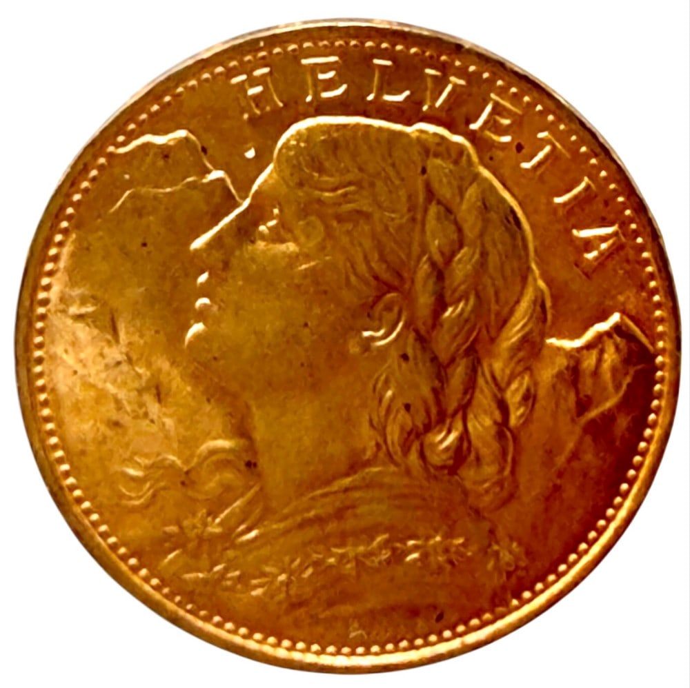 1922-B Swiss 20 Franc 90% Fine Gold Coin: 1922-B Swiss 20 Franc Gold Coin. The coin is 90% fine gold and the actual gold weight is 0.1867 troy ounce of pure gold.