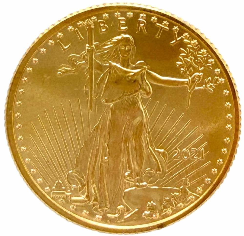 2021 United States $10 American Eagle 1/4 Ounce Gold Coin: 2021 United States $10 American Eagle 1/4 Ounce Gold Coin. The coin contains 1/4 troy ounce of pure gold.