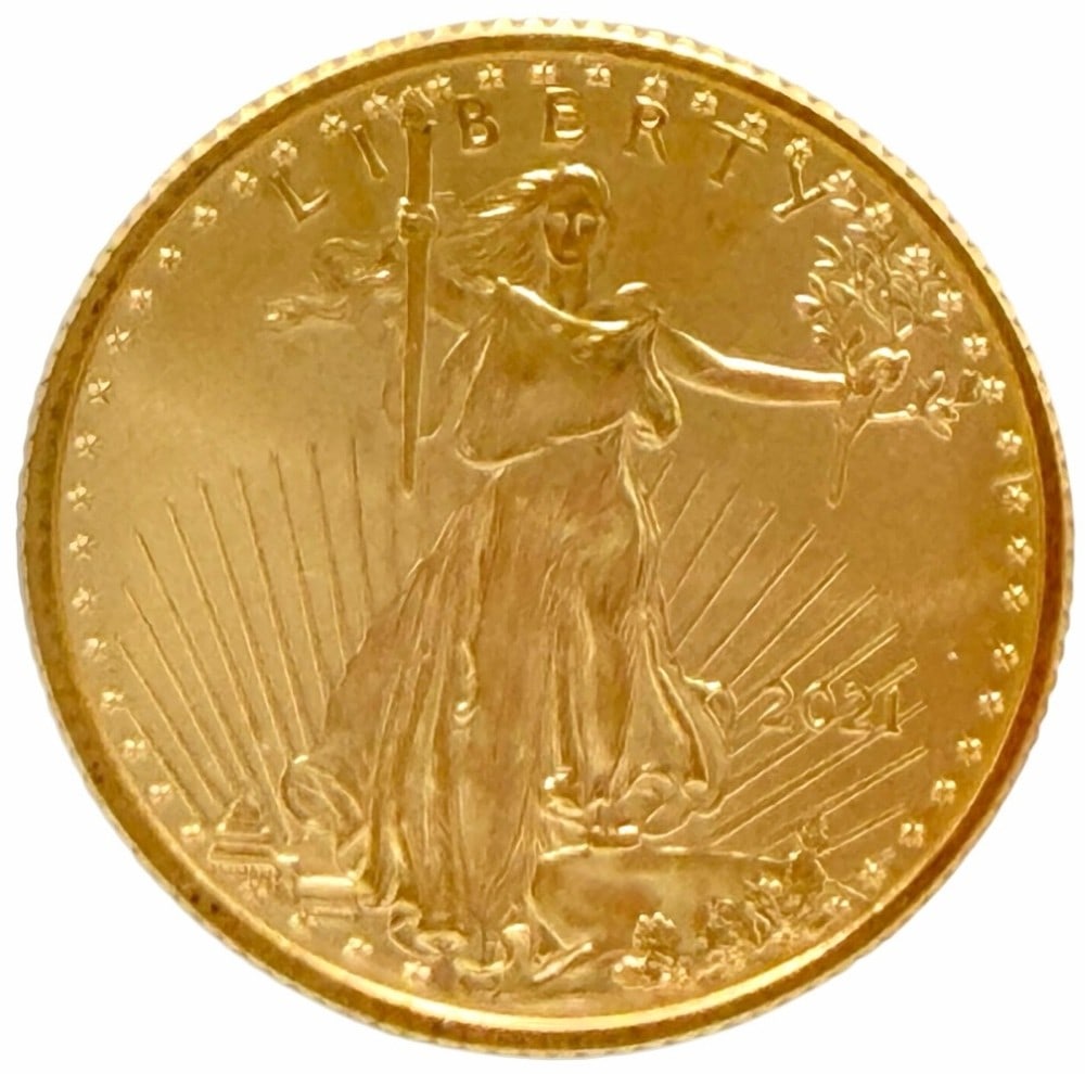 2021 United States $10 American Eagle 1/4 Ounce Gold Coin: 2021 United States $10 American Eagle 1/4 Ounce Gold Coin. The coin contains 1/4 troy ounce of pure gold.