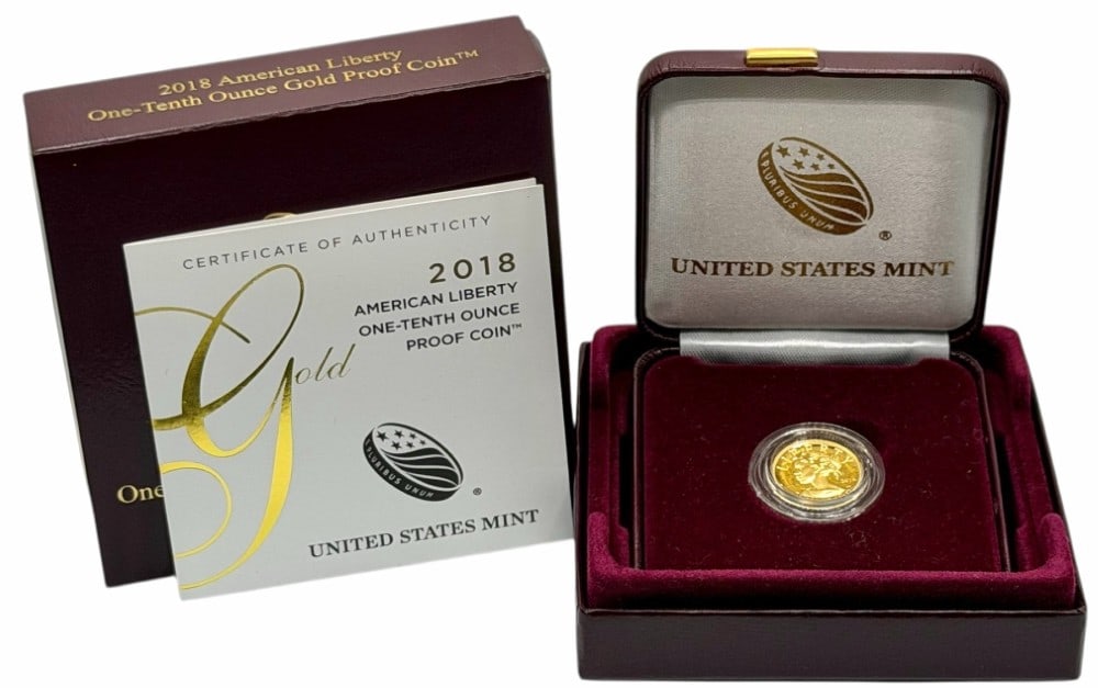 2018 United States $10 American Liberty 1/10 Ounce Gold Proof Coin In Box With COA: 2018 United States $10 American Liberty 1/10 Ounce Gold Proof Coin. Comes in the original Mint packaging with COA.