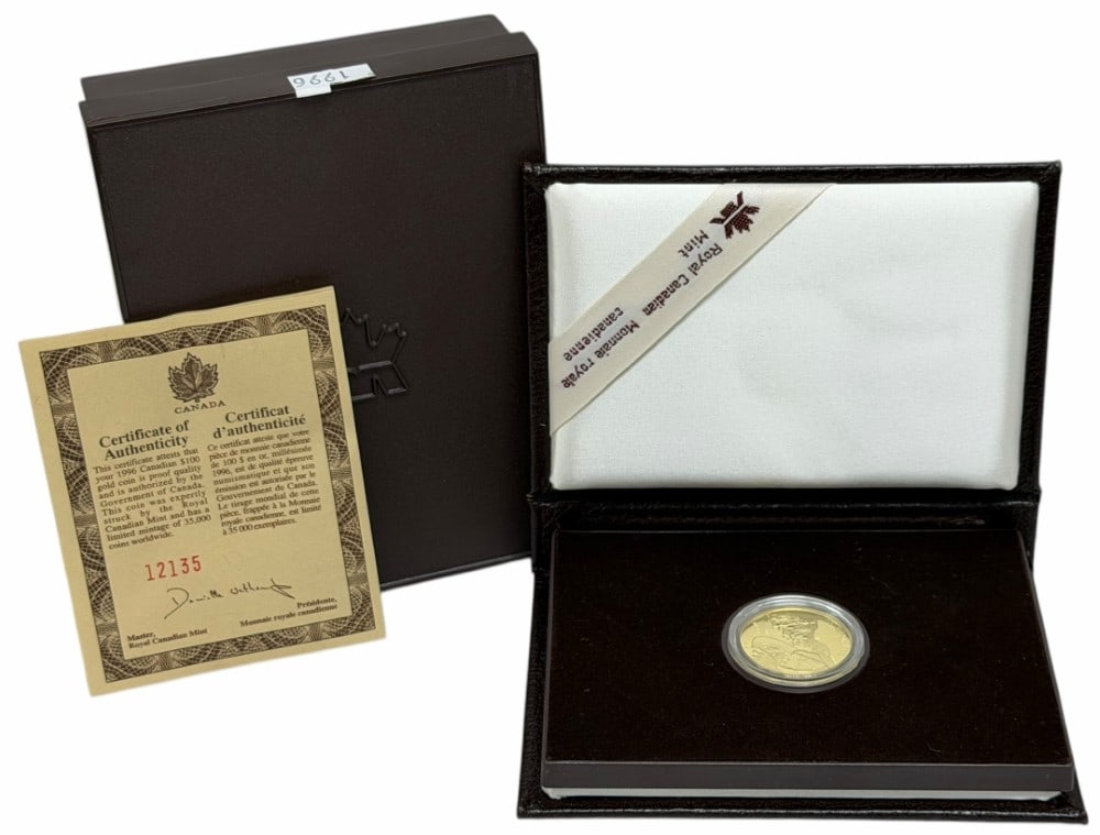 1996 Canada "Gold In The Klondike" $100 Commemorative Proof Gold Coin 1/4 Troy Ounce: 1996 Canada "Gold in the Klondike" $100 Commemorative Proof Gold Coin. The coin is 58.3% pure gold and contains a 1/4 troy ounce of pure gold. Mint condition in the original box and holder with COA.