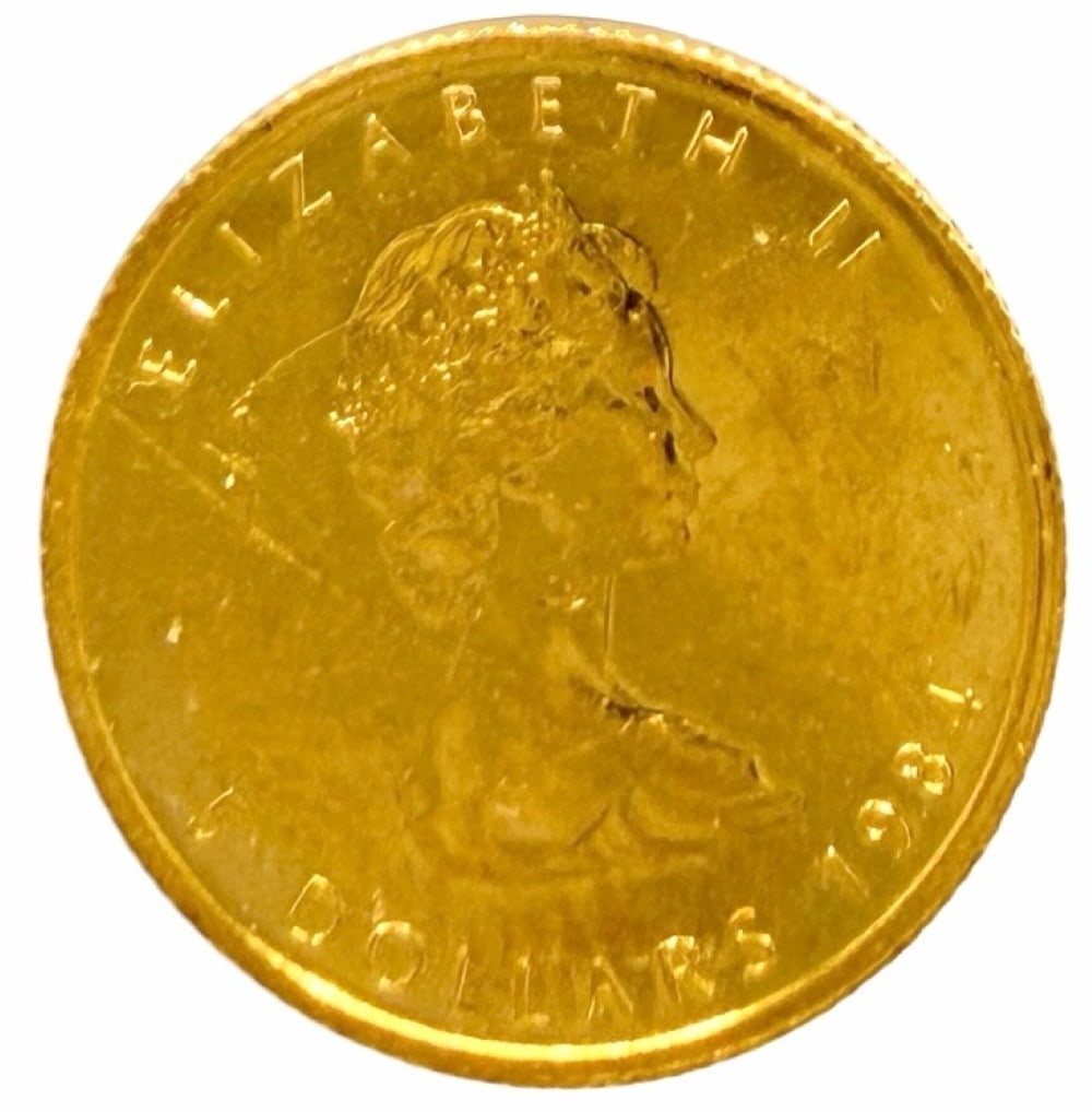 1984 Canada $5 Maple Leaf 1/10th Ounce Fine Gold Coin: 1984 Canada $5 Maple Leaf 1/10th Ounce Fine Gold Coin.