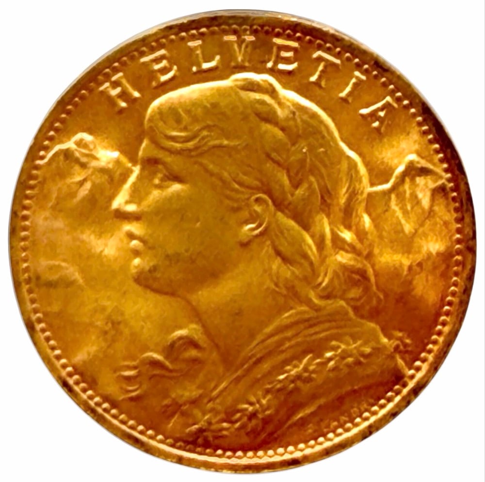 1947-B Swiss 20 Franc 90% Fine Gold Coin: 1947-B Swiss 20 Franc Gold Coin. The coin is 90% fine gold and the actual gold weight is 0.1867 troy ounce of pure gold.