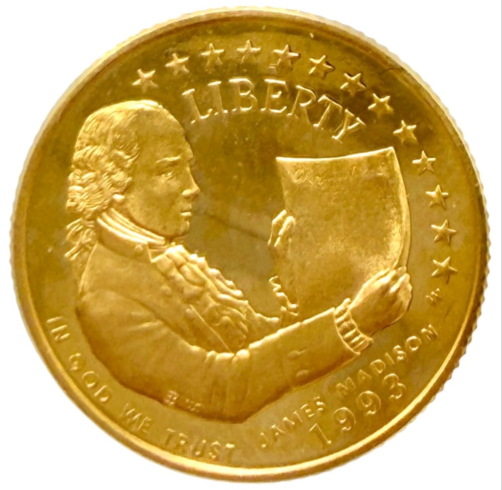 1993-W United States $5 Bill Of Rights Commemorative Gold Proof Coin: 1993-W United States $5 Bill of Rights Commemorative Gold Proof Coin. The coin contains .2419 troy ounce of .999 pure gold.
