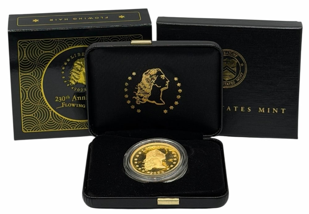 2024 United States 230th Anniversary Flowing Hair $1 One Ounce .999 Fine Gold Proof Coin In Box: 2024 United States 230th Anniversary of the First Dollar Flowing Hair $1 Proof Coin. The high relief dollar contains one troy ounce of .999 fine gold. The coin comes is the original mint packaging wit