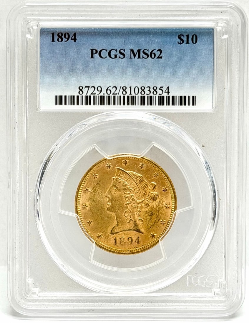 1894 United States Liberty Head Coronet Type Eagle $10.00 Gold Coin PCGS MS 62: 1894 United States Liberty Head Coronet Type Eagle $10.00 Gold Coin. Graded MS 62 by PCGS. The coin is .900 fine and the net weight is .48375 ounce of fine gold.