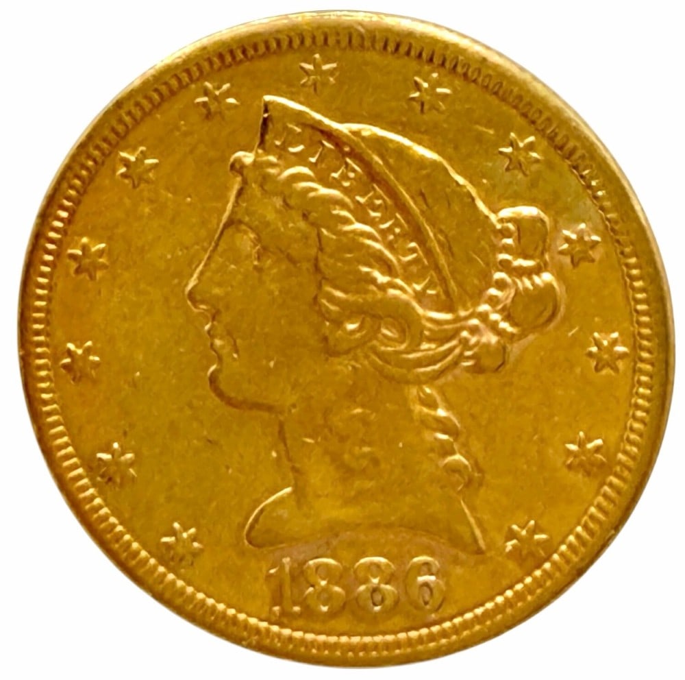 1886-S United States Liberty Head Coronet Type Half Eagle $5.00 Gold Coin: 1886-S United States Liberty Head Coronet Type Half Eagle $5.00 Gold Coin. Nice circulated condition. The coin is .900 fine and the net weight is .24187 ounce of fine gold.