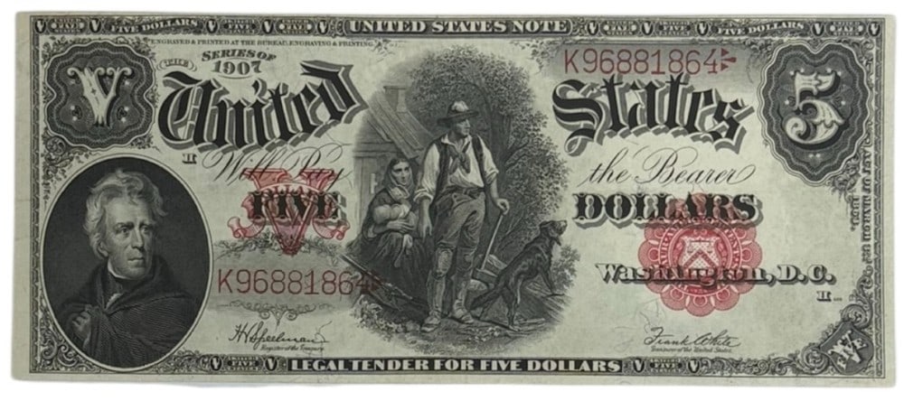Series Of 1907 United States $5 Large Size "Woodchopper" Legal Tender Note: Series Of 1907 United States $5 Large Size "Woodchopper" Legal Tender Note. The note is in high grade condition and is serial number K96881864.