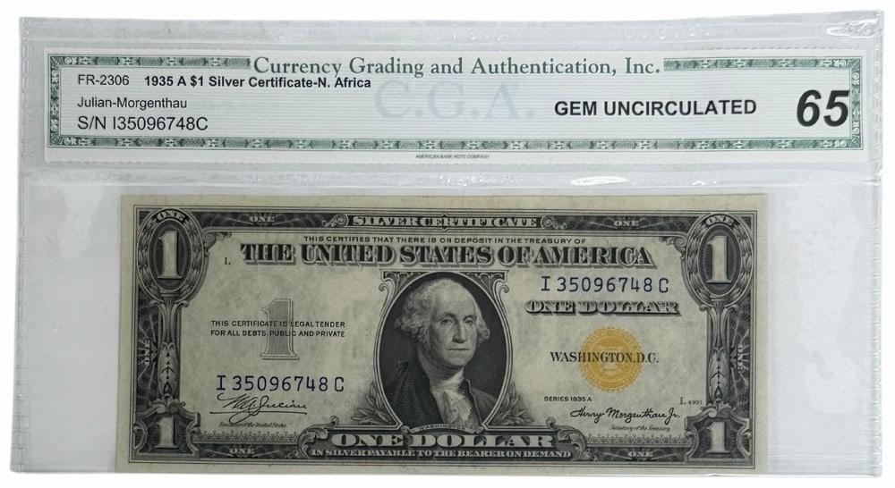 Series 1935 A United States WWII $1 North Africa Emergency Issue Silver Certificate CGA Gem Unc 65: Series 1935 A United States WWII $1 North Africa Emergency Issue Silver Certificate. The note is in graded Gem Uncirculated 65 by C.G.A. and is serial number I35096748C.