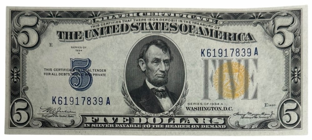 Series 1934 A United States WWII $5 North Africa Emergency Issue Silver Certificate (1 of 4)