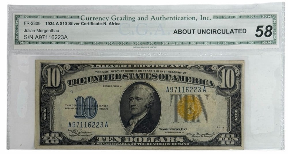 Series 1934 A United States WWII $10 North Africa Emergency Issue Silver Certificate CGA AU 58: Series 1934 A United States WWII $10 North Africa Emergency Issue Silver Certificate. The note is graded About Uncirculated by CGA and is serial number A97116223A.