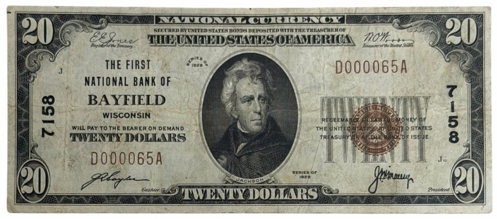 Series Of 1929 United States $20 FNB Of Bayfield Wisconsin National Currency Note: Series Of 1929 United States $20 First National Bank Of Bayfield Wisconsin National Currency Note. The bank is charter #7158 and the note is in circulated condition, serial number D000065A.