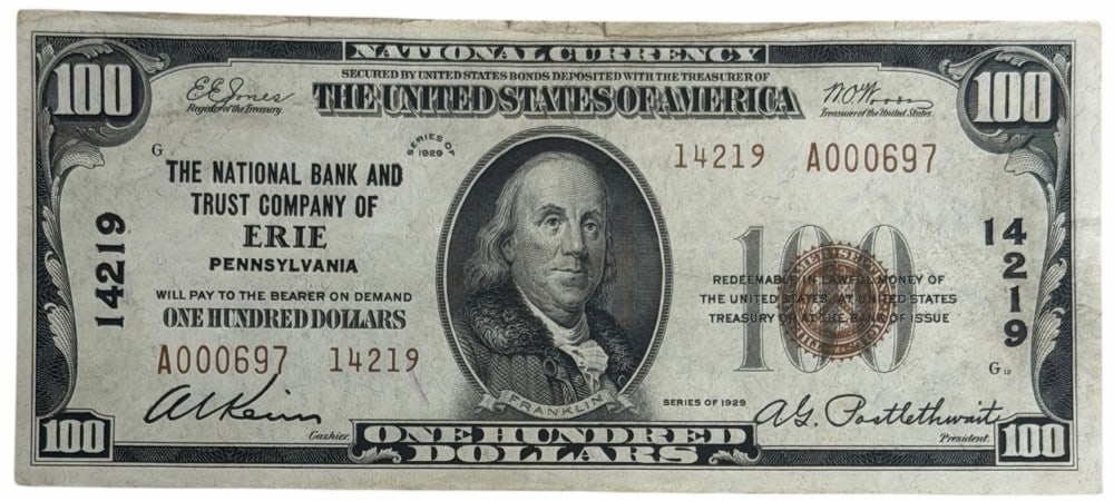 Series Of 1929 United States $100 NB&T Erie Pennsylvania National Currency Note (1 of 4)