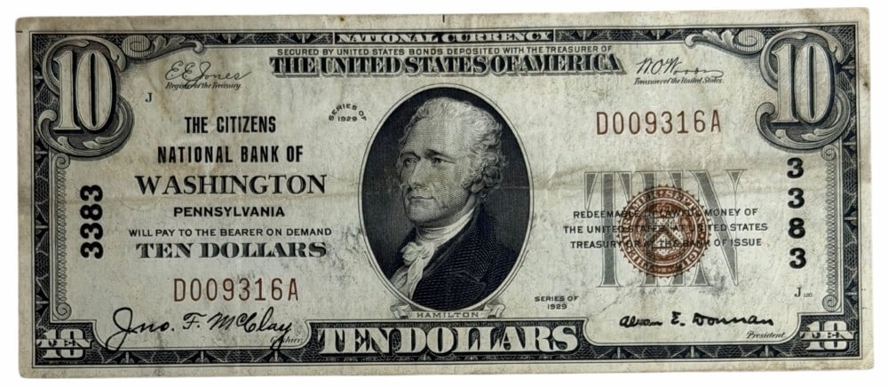 1929 United States $10 The Citizens National Bank Of Washington Pennsylvania National Currency Note (1 of 4)
