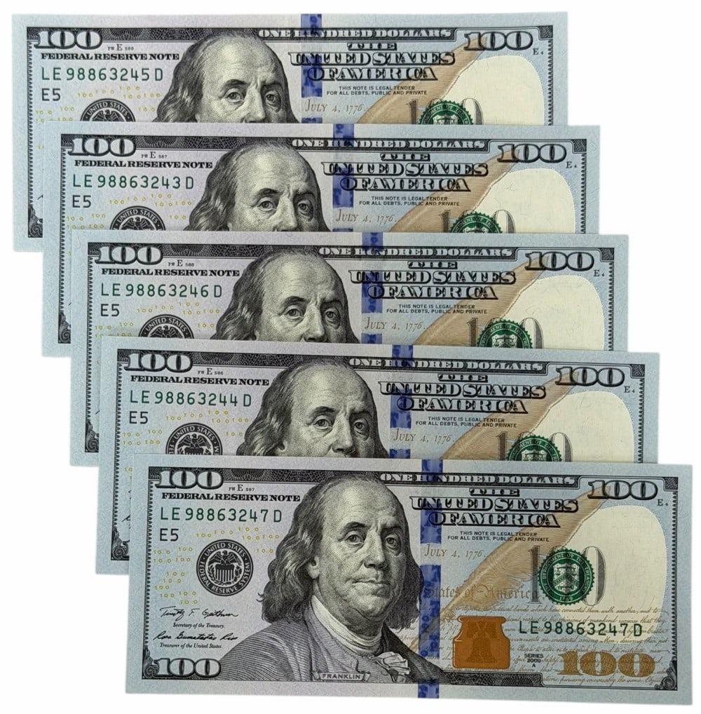 (5) 2009 A $100 Uncirculated Consecutive Number Federal Reserve Notes (1 of 4)