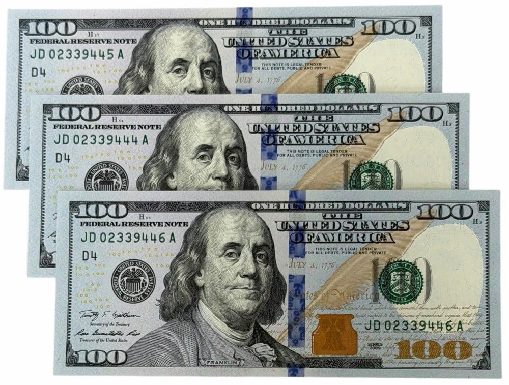 (3) Series 2009 $100 Uncirculated Consecutive Number Federal Reserve Notes (1 of 4)