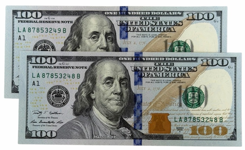 (2) Series 2009 A $100 Uncirculated Consecutive Number Federal Reserve Notes (1 of 4)
