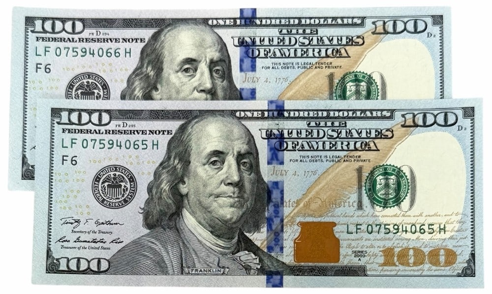 (2) Series 2009 A $100 Uncirculated Consecutive Number Federal Reserve Notes (1 of 4)