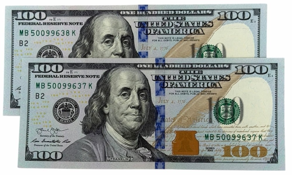 (2) Series 2013 $100 Uncirculated Consecutive Number Federal Reserve Notes (1 of 4)