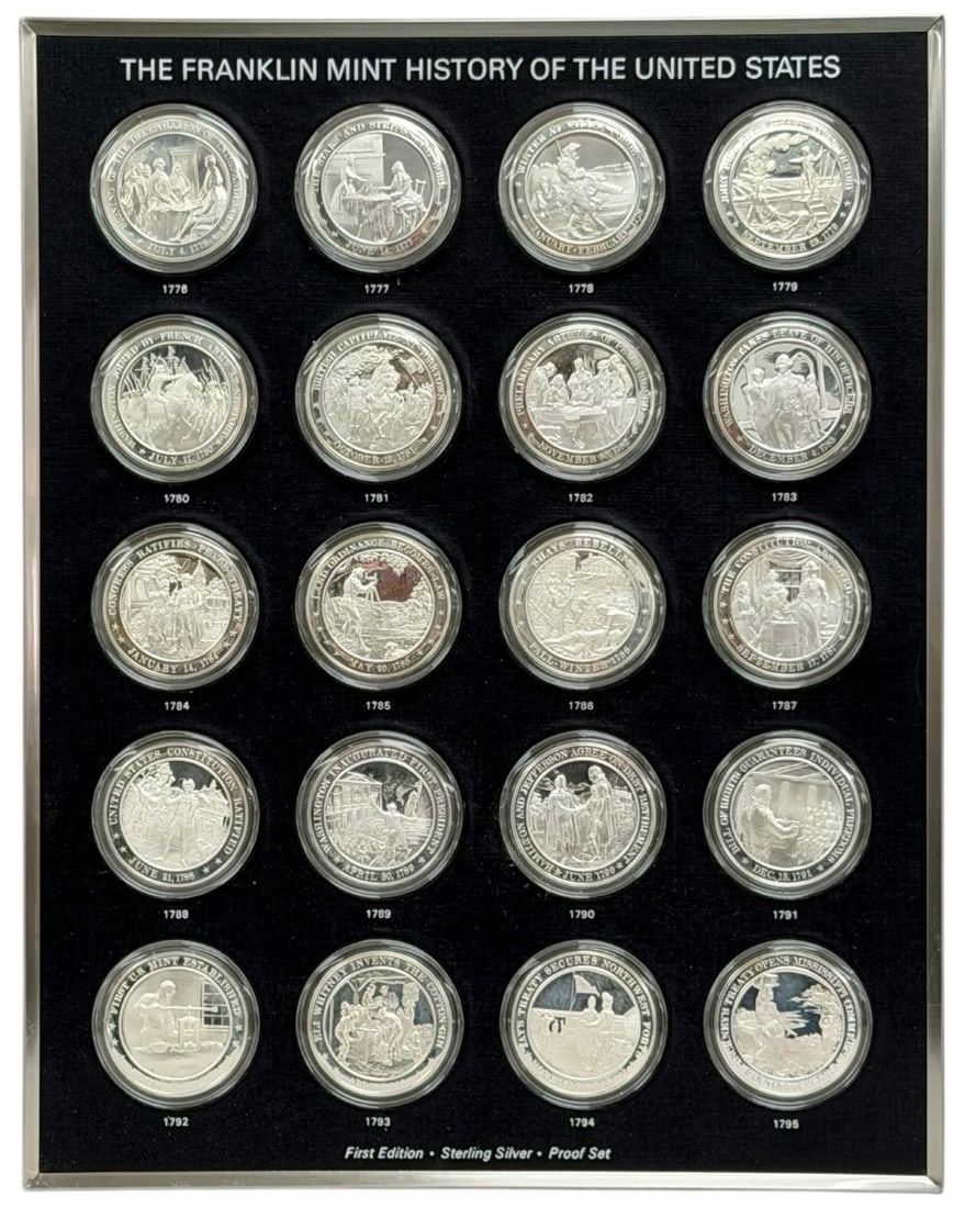 20 Piece Franklin Mint History Of The United States 1776-1795 Sterling Silver Medals 25 Troy Ounces: Franklin Mint History Of The United States 1776-1795 Sterling Silver Medals. The twenty sterling silver proof medals contain 1.25 troy ounces of sterling silver each, 25 troy ounces total. They come e