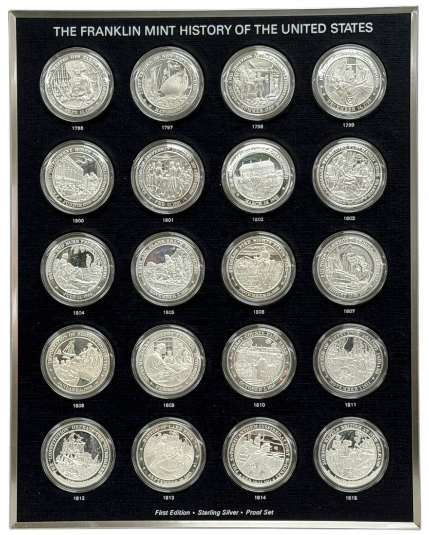 20 Piece Franklin Mint History Of The United States 1796-1815 Sterling Silver Medals 25 Troy Ounces: Franklin Mint History Of The United States 1796-1815 Sterling Silver Medals. The twenty sterling silver proof medals contain 1.25 troy ounces of sterling silver each, 25 troy ounces total. They come e