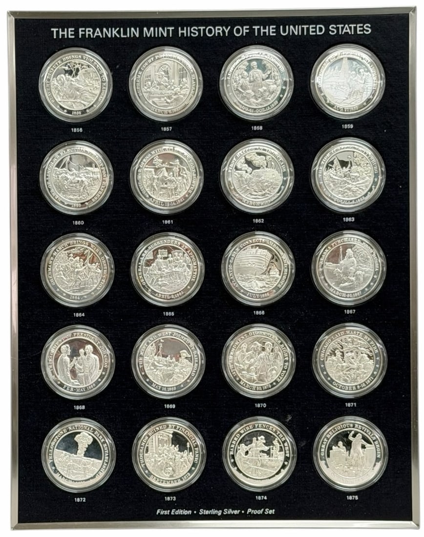 20 Piece Franklin Mint History Of The United States 1856-1875 Sterling Silver Medals 25 Troy Ounces: Franklin Mint History Of The United States 1856-1875 Sterling Silver Medals. The twenty sterling silver proof medals contain 1.25 troy ounces of sterling silver each, 25 troy ounces total. They come e
