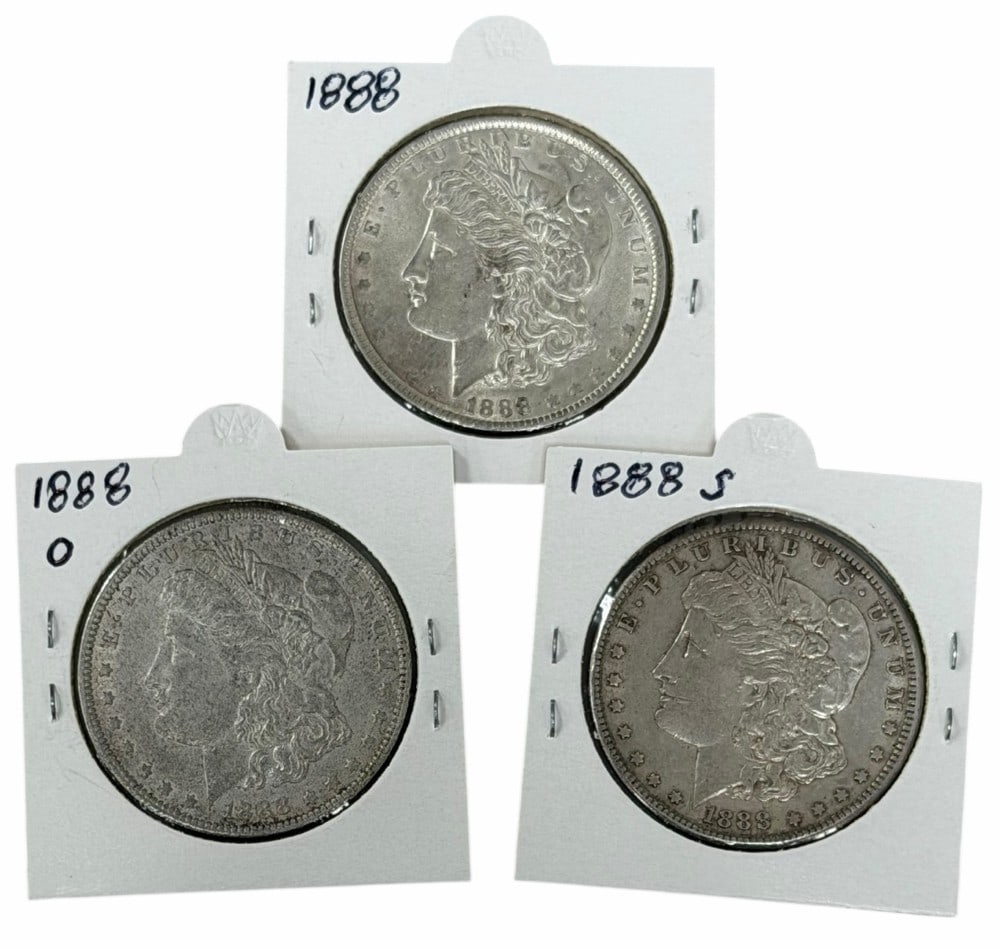 1888, 1888-O & 1888-S United States Morgan Silver Dollars: Lot includes (1) 1888, (1) 1888-O, and (1) 1888-S Morgan Silver Dollars in circulated condition.