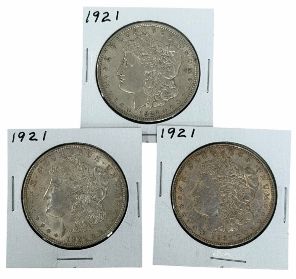 (3) 1921 United States Morgan Silver Dollars: Lot includes (3) 1921 Morgan Silver Dollars in circulated condition.