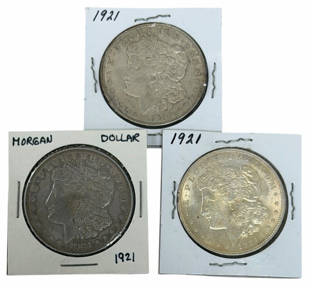 (3) 1921 United States Morgan Silver Dollars: Lot includes (3) 1921 Morgan Silver Dollars in circulated condition.