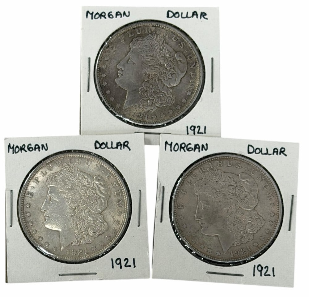 (3) 1921 United States Morgan Silver Dollars: Lot includes (3) 1921 Morgan Silver Dollars in circulated condition.