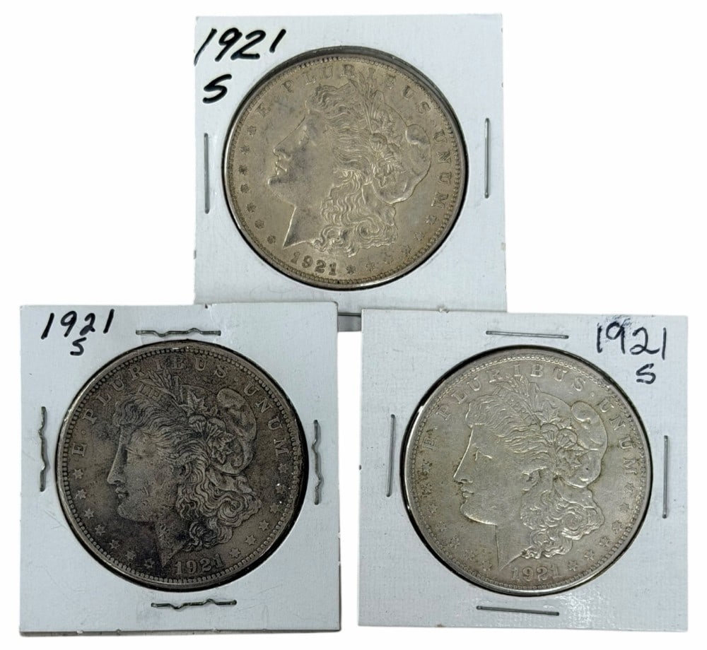 (3) 1921-S United States Morgan Silver Dollars: Lot includes (3) 1921-S Morgan Silver Dollars in circulated condition.