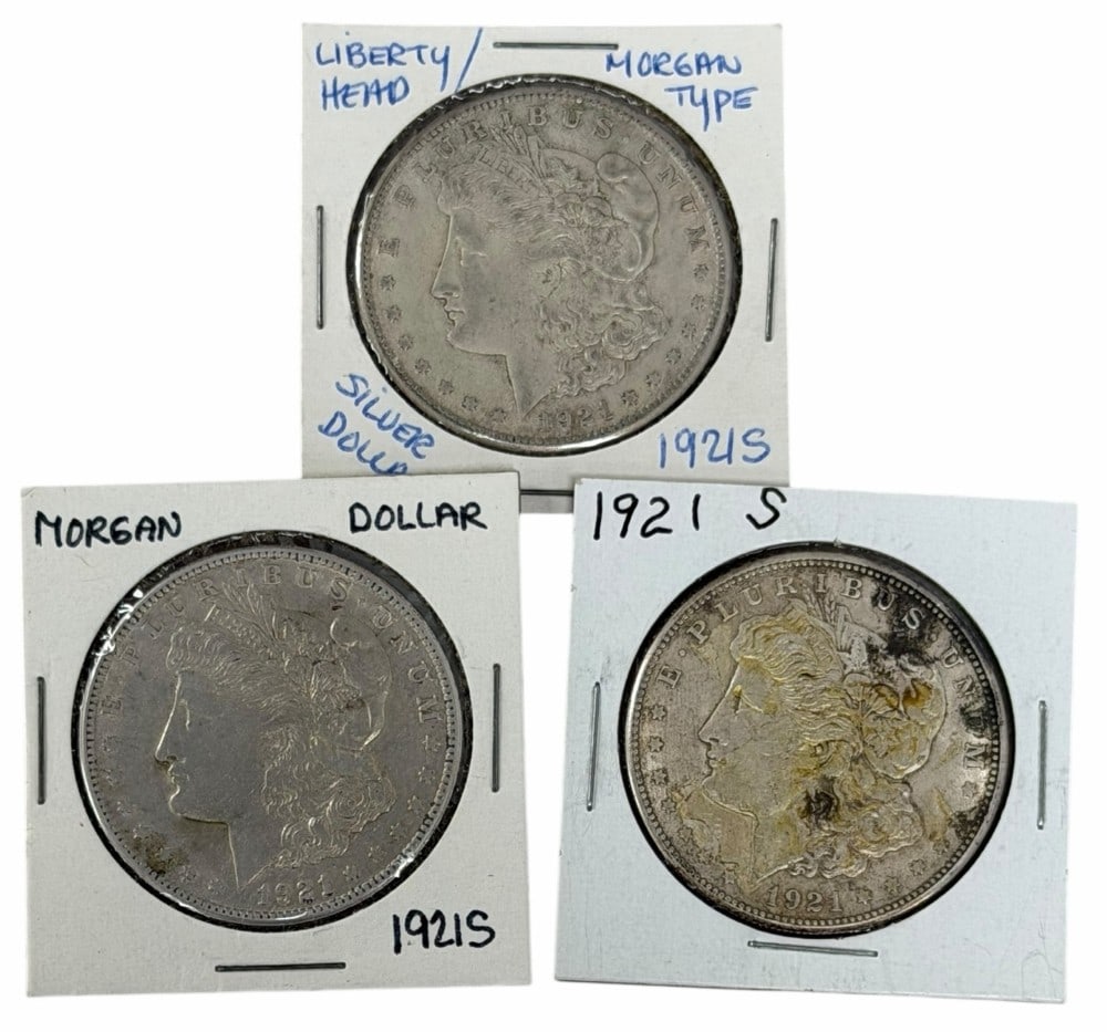 (3) 1921-S United States Morgan Silver Dollars: Lot includes (3) 1921-S Morgan Silver Dollars in circulated condition.