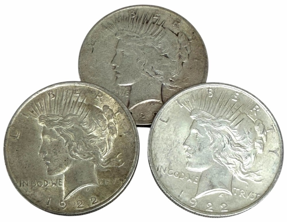 (3) 1922 United States Peace Silver Dollars (1 of 2)