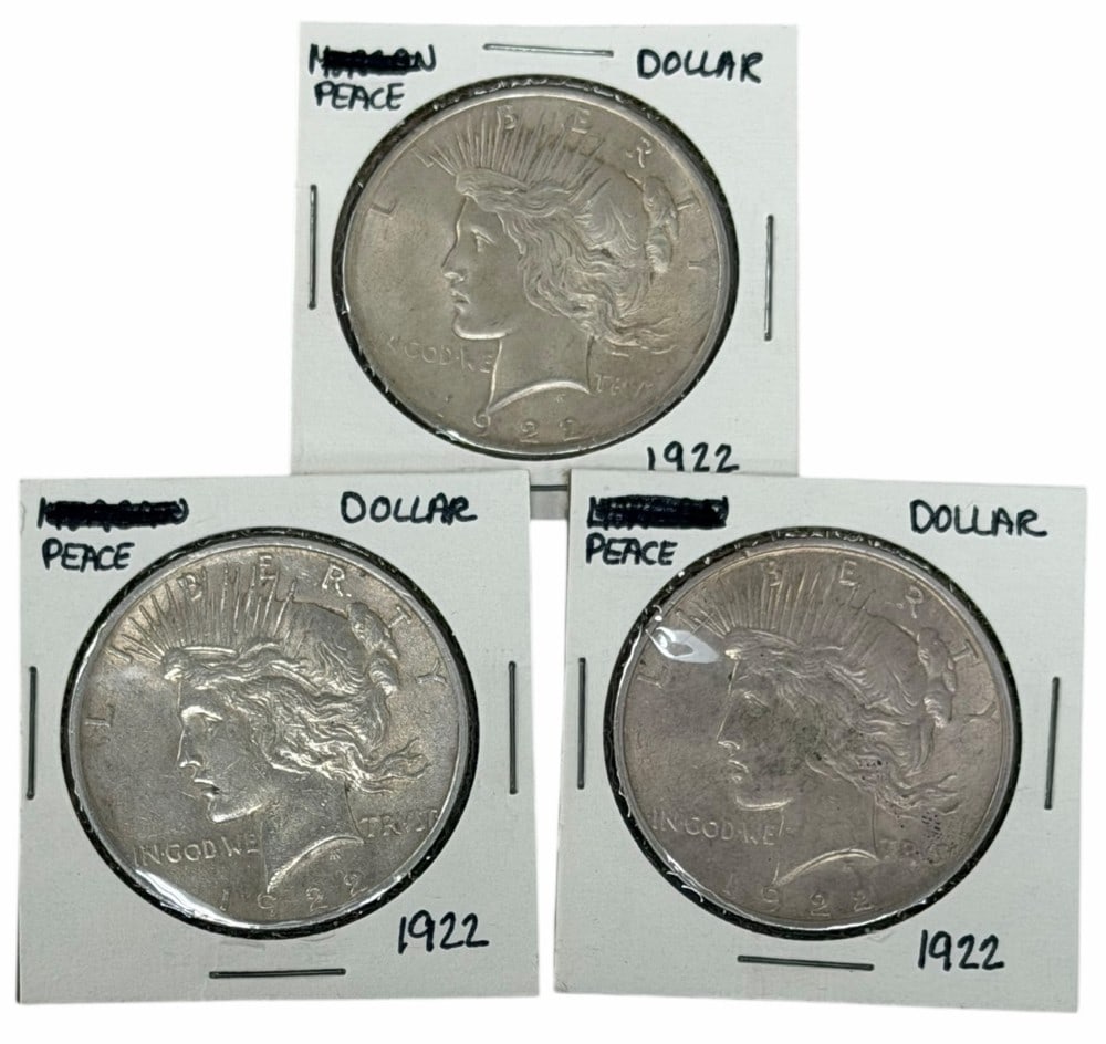 (3) 1922 United States Peace Silver Dollars: Lot includes (3) 1922 Peace Silver Dollars in circulated condition.