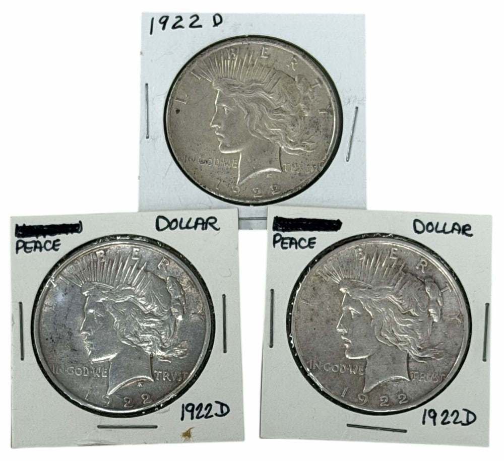 (3) 1922-D United States Peace Silver Dollars: Lot includes (3) 1922-D Peace Silver Dollars in circulated condition.
